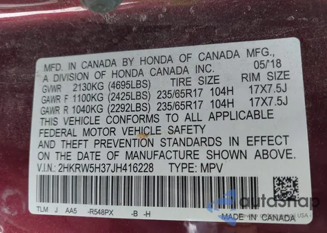 2018 Honda Cr-V Lx из США, поврежденный, VIN 2HKRW5H37JH416228